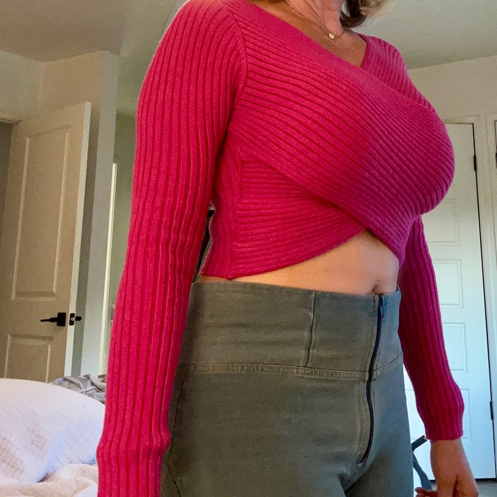 Pink Ribbed Wrap Sweater - Picture 3 of 4